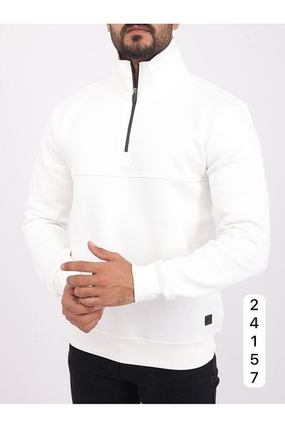BEYAZTOPTAN 100% Quality Men's Slim Fit White Half Zipper Sweatshirt