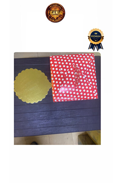 figanlar ambalaj kırmızı puantiyeli tutma saplı 2 no Yaş Pasta Kutusu + gold pasta altlığı 5 adet 24x24x14 cm