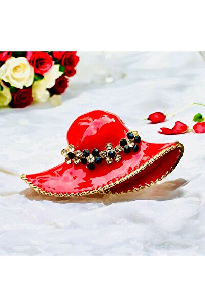 Rachel Silver Kırmızı Renk Mineli Zirkon Taşlı Altın Renk Tasarım Şapka Broş