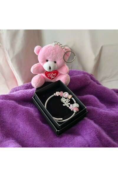 Masalsı Concept Charmlı Çelik Bileklik Ve Pembe Minik Ayıcık Anahtarlık Sevgi...