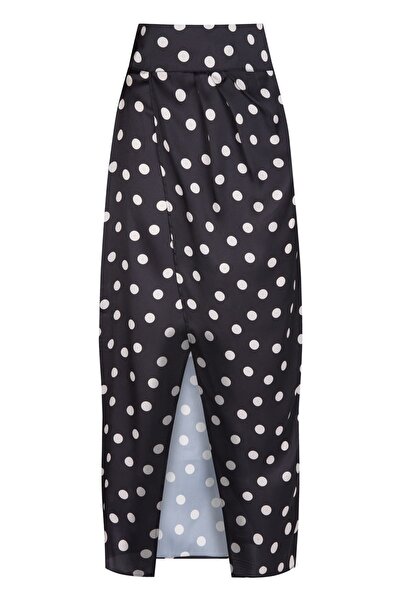 Eda Erdoğan Saten Kruvaze Midi Etek (siyah Üzeri Beyaz Puantiyeli)