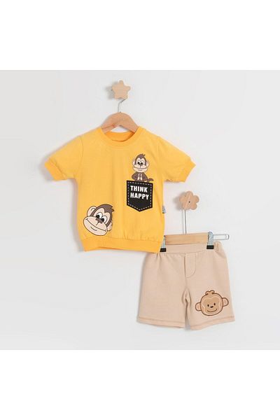 TRENDİMİZBİR Baby Boy Cotton Yellow Single Jersey Suit with Cute Monkey Pattern Shorts