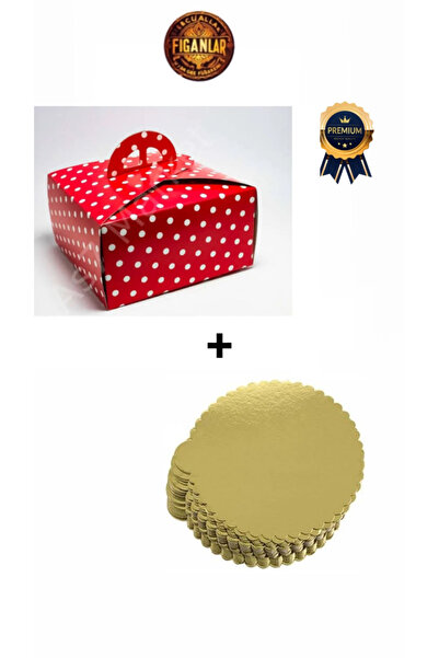 figanlar ambalaj kırmızı puantiyeli tutma saplı 2 no Yaş Pasta Kutusu + gold pasta altlığı 5 adet 24x24x14 cm