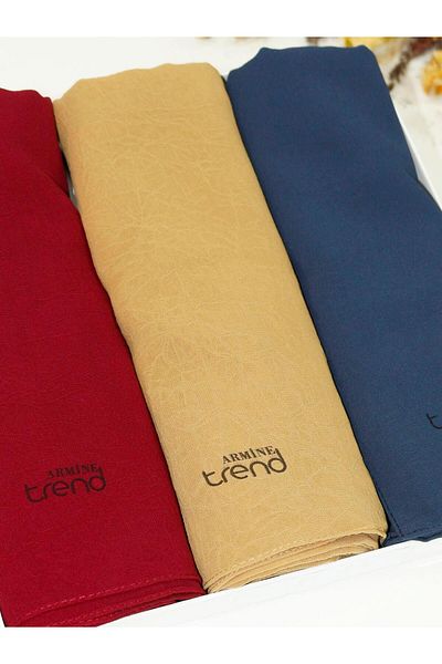 Armine Trend Crinkle Chiffon Shawl - Atskrn - Set of 3 - Navy Blue, Straw Yellow, Cherry