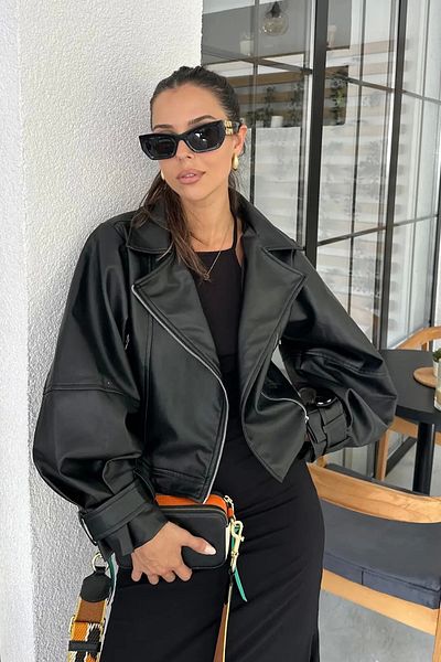 Eka Γυναικείο Μαύρο Δερμάτινο Μπουφάν Oversize 0991-9999
