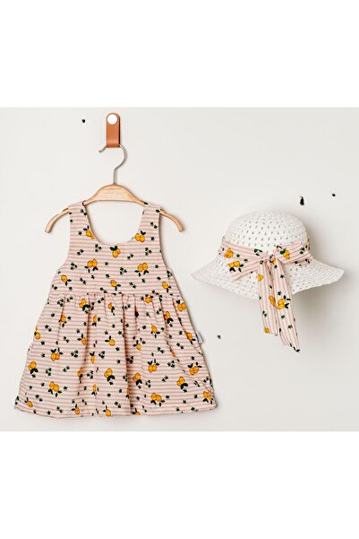 Chicsy Baby Tatlı Limon Desenli Şapkalı Fiyonklu Kız Bebek Elbisesi