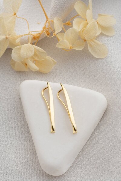 ESSARE 925 Ayar Gümüş Gold Kaplama Dalgalı Çubuk Model Küpe