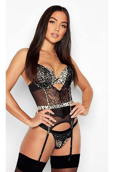 For Dreams 8351 Leopard Pattern Fancy Lace Babydoll Set with Garter