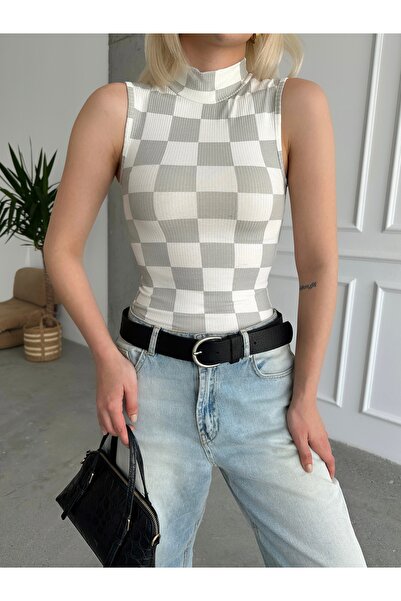 Look Forward Γυναικεία μπλούζα καμιζόλ από βισκόζη με τετράγωνο σχέδιο με γιακά μηδενικό μανίκι