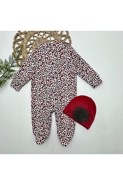 emosavm 0-3-6-9 Months Leopard Printed Full Length Baby Girl Jumpsuit with Snap Fasteners and Rose Bonnet
