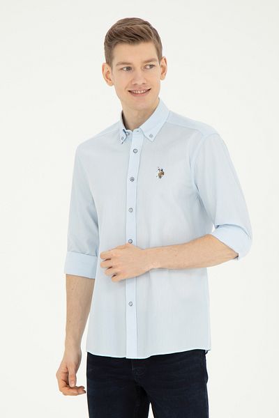 U.S. Polo Assn. Cămașă de bază cu mânecă lungă albastru deschis pentru bărbați 50282609 -VR003