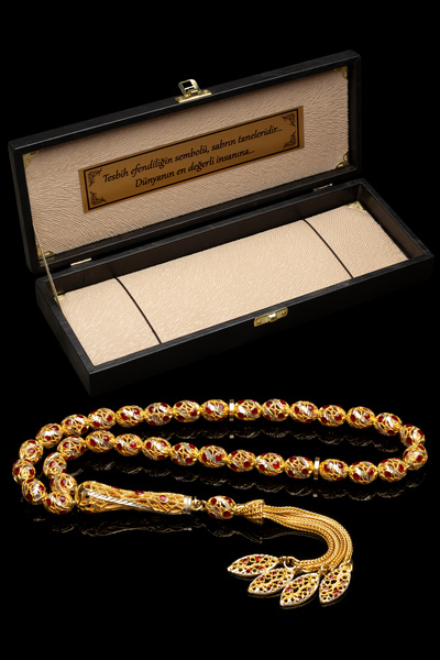 OTTOTESBİH Sertifikalı 24K Altın Kaplama Gümüş Tespih 6.5x9mm 36Gr Arpa Kesim