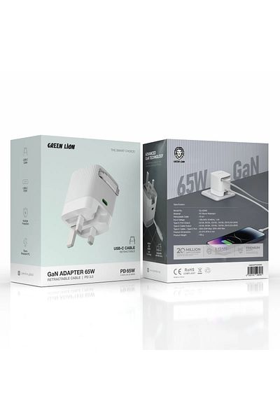 Green Lion Gan Adapter 65W Retractable Cable Pd 3.0 - White