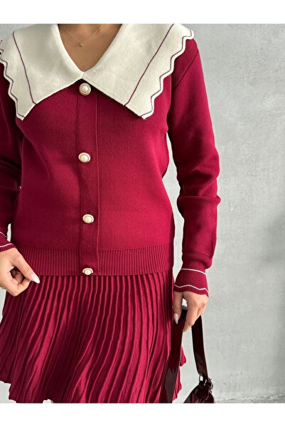 Lusin Női bordó elegáns hajtókás részlettel ellátott kardigán blúz szoknya alsó felső kétrészes szett