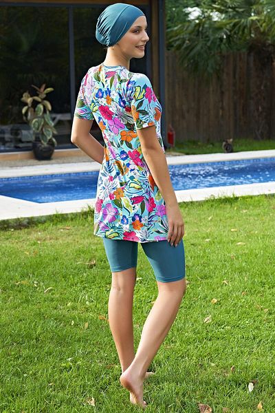 Ruko Maio 2424-6 Floral Print Half Sleeve Lycra Water Repellent and Quick Drying Fabric Semi Hijab Swimsuit