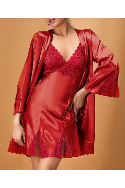 Loule Saten Kadın Yırtmaç Detaylı Kimono & Gecelik İkili Takım L.N0.U1.RT.27