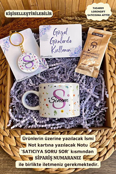 Loren Gift Kişiye Özel İsimli Kupa Bardak Anahtarlık Hediye Kutusu Floral Har...