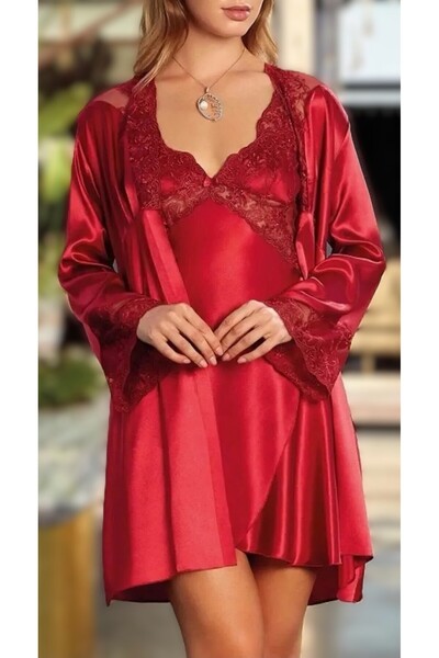 Loule Set kimono și cămașă de noapte cu dantelă din satin pentru femei L.N0.U...