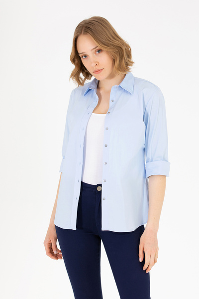 U.S. Polo Assn. Cămașă de bază cu mânecă lungă albastru deschis pentru femei 50270992-VR003