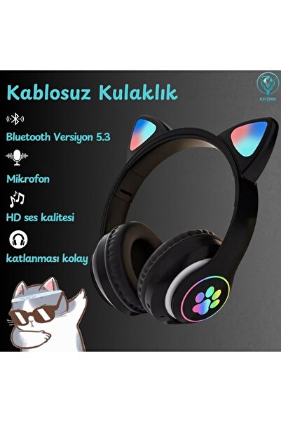 LEERFEI Kablosuz Işıklı Kedili Kulaklık, Ledli, Çocuk Oyuncu Kulaklık, blueto...