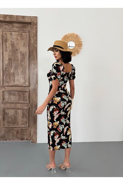 BİKELİFE Damen Sommerkleid mit Blattmuster, Wassermelonenärmeln und Schlitzdetails
