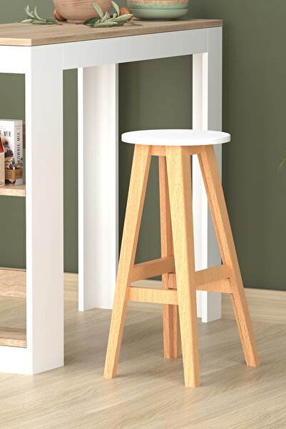 Fly Mobilya Liya Beyaz %100 Ahşap Tabure, Bar Taburesi