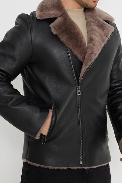 By Marki Marki Men's Genuine Leather Coat - Fur Inside, Zip-Up, Foldable Sleeve Detail, 74 Cm, Black - 502022