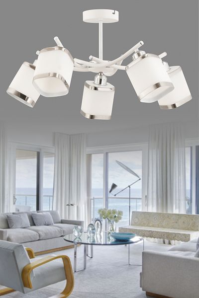 avimonaydınlatma Albana 5-Piece White - Chrome Glass Plafonier Chandelier Living Room Hall Bedroom