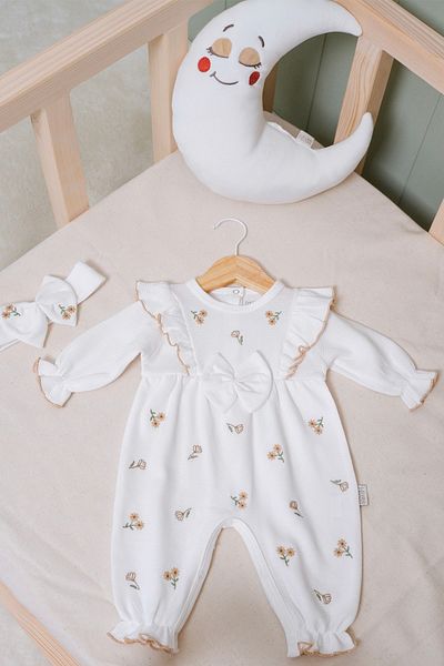 BABYLİM Baby Girl Tulip Embroidered 100% Cotton Bandana Romper Set