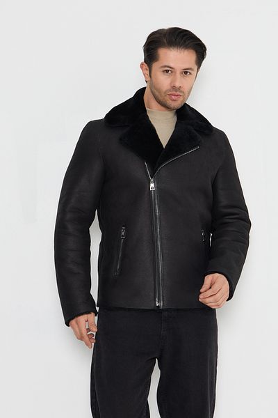 By Marki Marki Black Genuine Nubuck Men's Leather Coat - Furry Inner, Zip-Up and Foldable Sleeves - 502022