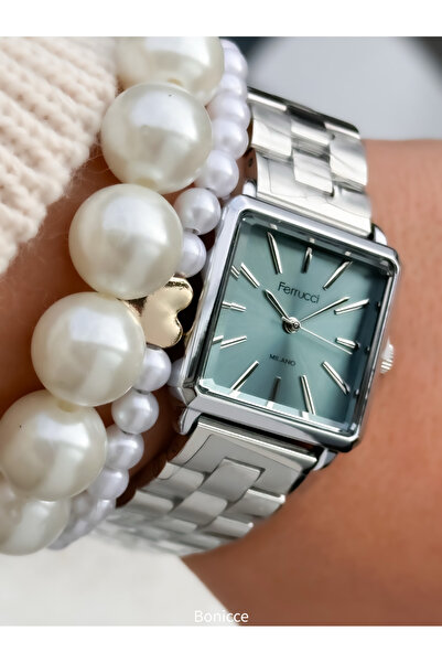 Ferrucci Marka Çelik Kordon, Kare Kasa, Gümüş Kordon, Mavi Kadran, Kadın Kol Saati Kalp li Bileklik