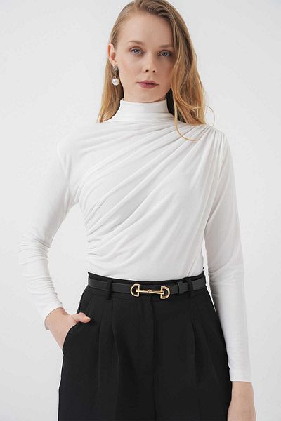 alita butik Half Throat Drawstring Sandy Fabric Blouse