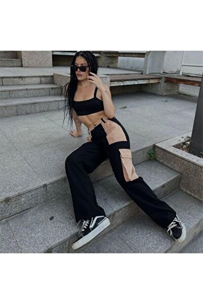 Köstebek Bej Parçalı Kargo Cepli Siyah Pantolon