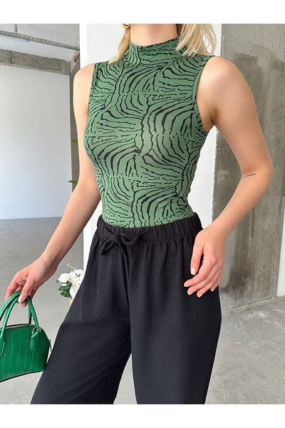 Look Forward Women's Green Zebra Stand Collar Zero Sleeve Viscose Blouse