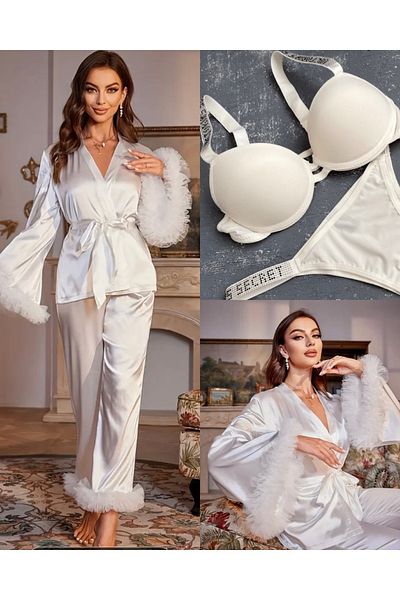 SATTENS Set de pijamale din satin cu pietre pentru femei de 4 tipuri alb