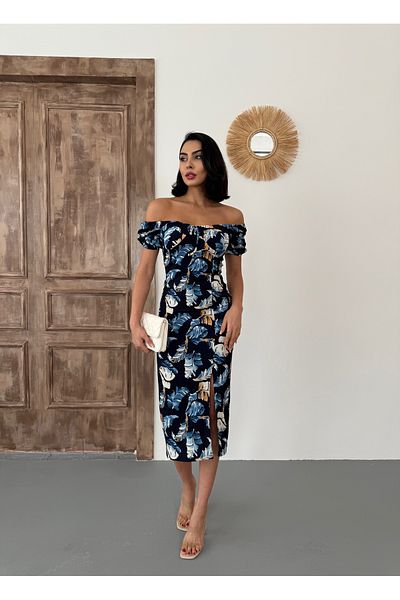 BİKELİFE Damen Sommerkleid mit Blattmuster, Wassermelonenärmeln und Schlitzdetails