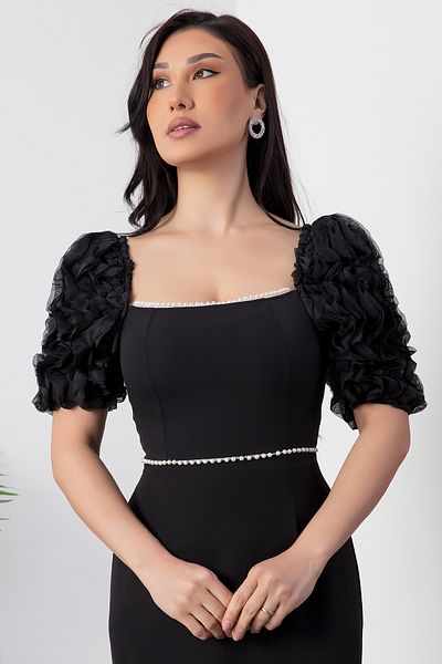 PULLIMM Pearl Detailed Square Collar Atlas Dress - Model 2051