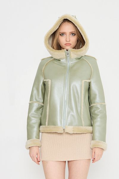 By Marki Marki Women's Genuine Leather Coat - Aqua Green, Fur Inside, Hood, Limited Edition, 62 cm - 115522