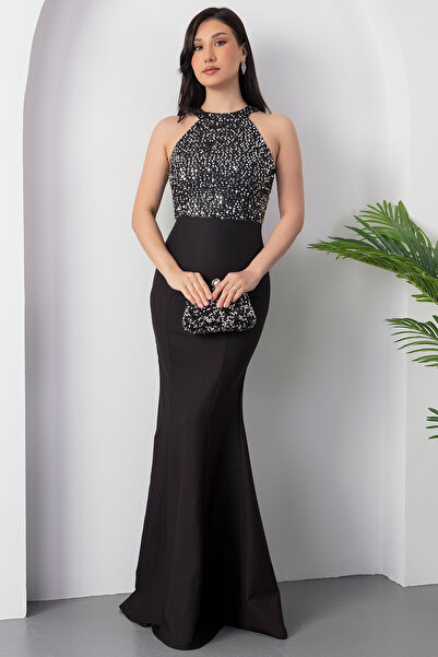 PULLIMM Üst Pul Payet Alt Atlas Balık Uzun Abiye Elbise 13015