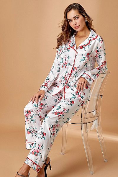 QKK Ecru Satin Pajamas Set - Floral Print, Tall Buttoned Q.6N7K6.5Rk.T.K.S
