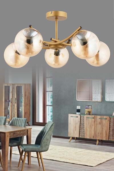 avimonaydınlatma Ferma 5-Piece Modern Antique Plafonier with Honey Color Glope Cam - Chandelier Living Room Hall Bedroom