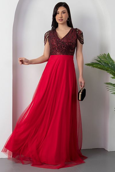 PULLIMM Top Paiete Paiete Șase Tulle Rochie Lungă de Seară 13118