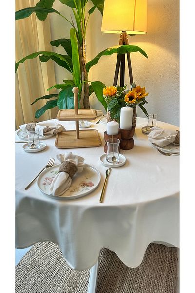 Decamor home Linen Ecru Round Stain Resistant Water Repellent Carefree Table Cloth