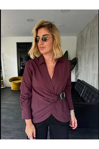 DUSOHOME Siyah Kemer Detaylı Kruvaze Bağlamalı Poplin Gömlek