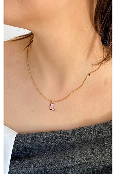 Sacha Accessories Gold Steel Necklace with Pink Boots Figure