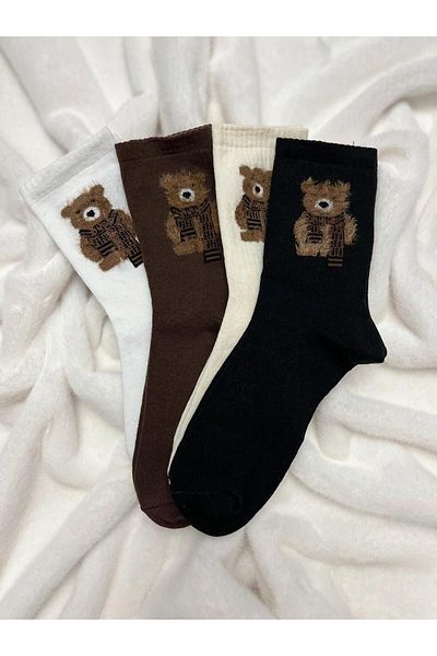 FUBA Aksesuar 4 Pairs Teddy Bear Patterned Women's Fuzzy Socks