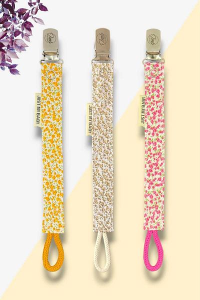JMB Just My Baby Pacifier Strap - 3-Piece - Pink/Yellow/Cream- Floral Pattern - Washable - Cotton