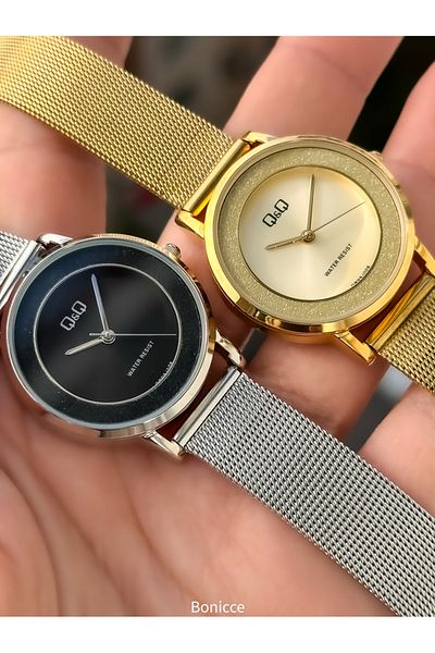 Q&Q Brand Silver Color Mesh Steel Band Women Wristwatch Hearted Bracelet