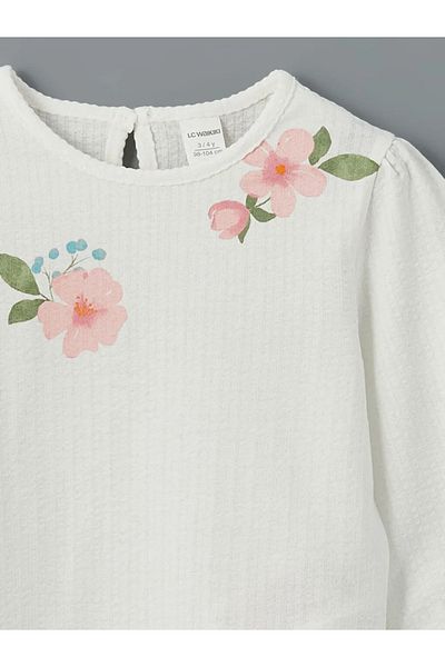 LC Waikiki Lcw Kids Ecru Crew Neck Floral Girl's T-Shirt