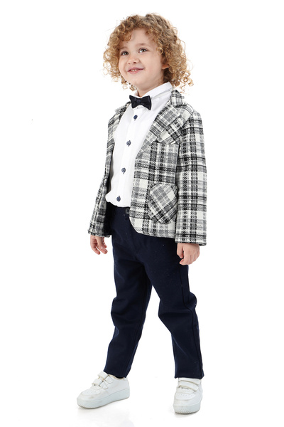 Merdia Boy's 4-Piece Suit Plaid Jacket, White Shirt, Bow Tie and Pants